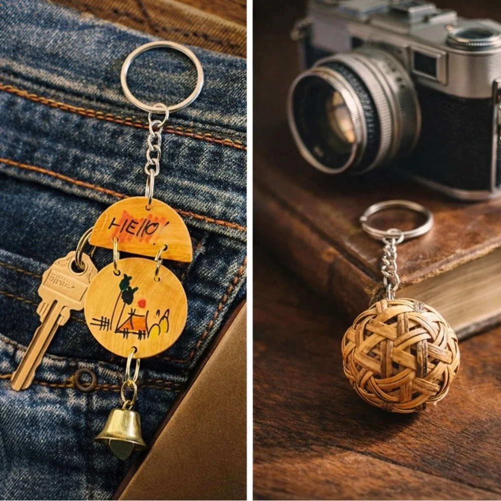 Vintage Bamboo Keychain Set Asian Souvenir Bell Woven Ball Hand-painted Charm